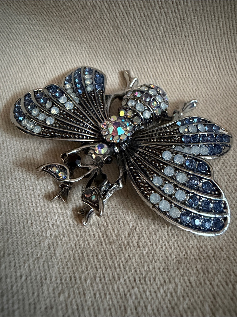 Blue Crystal Butterfly Brooch with Aurora Center